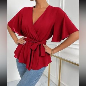 Shein Solid Wrap Belted V-neck Blouse, Red, L